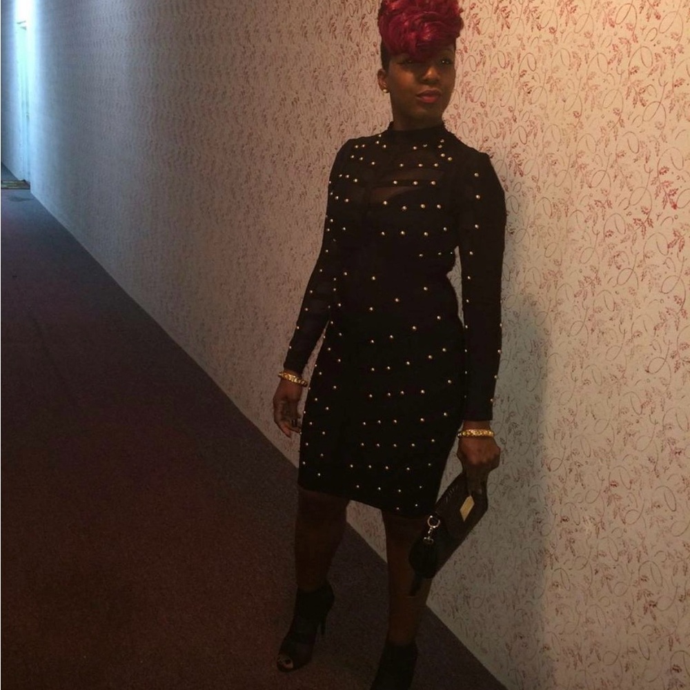 Black Studded Long-Sleeve Bodycon Dress